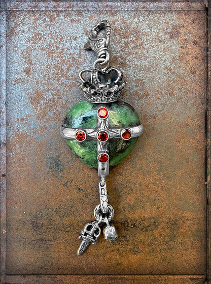 Herz-Anhänger Krone Rubin-Zoisit Granat Schwarzer Diamant Skull Dagger Charms Sterling Silber Unikat 11,5 cm Lang