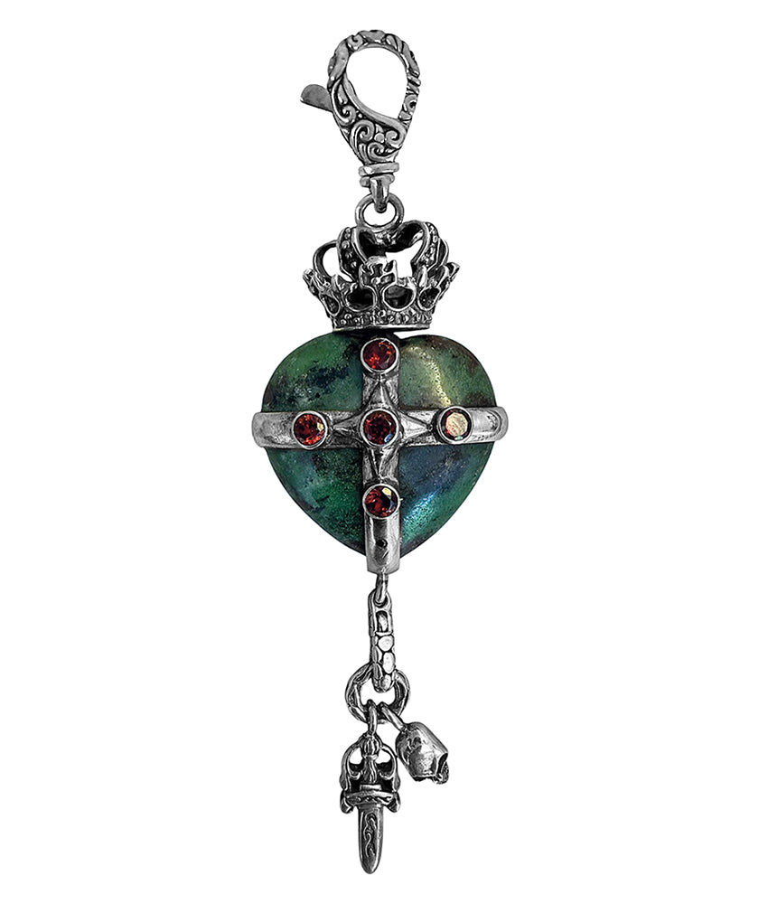 Herz-Anhänger Krone Rubin-Zoisit Granat Schwarzer Diamant Skull Dagger Charms 925 Sterling Silber Unikat 11,5 cm Lang