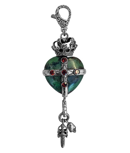 Herz-Anhänger Krone Rubin-Zoisit Granat Schwarzer Diamant Skull Dagger Charms 925 Sterling Silber Unikat 11,5 cm Lang