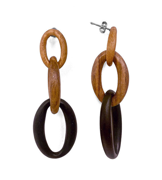Lange Holzohrringe Ketten-Design 2-Farbig Braun Camel
