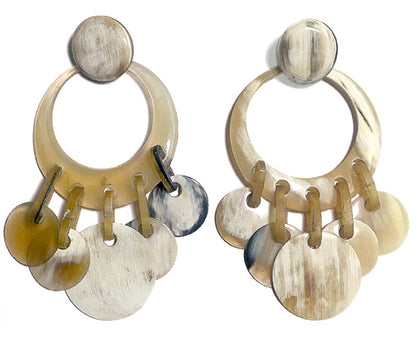 Hornohrringe Boho Statement XL Groß Naturhorn Beige Runde Anhänger Ethno Stil
