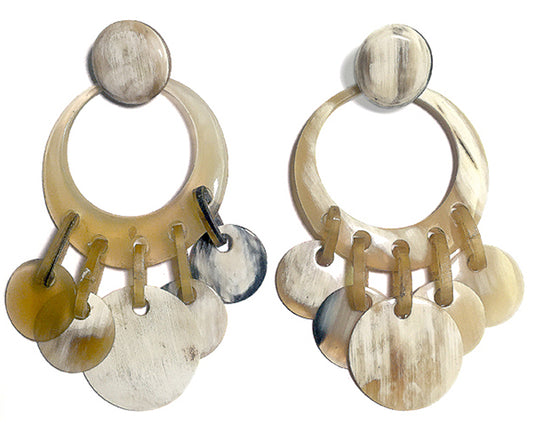 Hornohrringe Boho Statement XL Groß Naturhorn Beige Runde Anhänger Ethno Stil