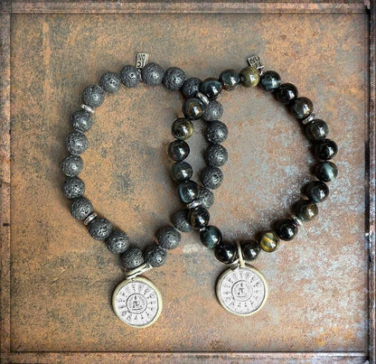 ICON Design Living Buddha-Armbänder Shanti Amulett Lava Tigerauge 8 mm Dehnbar