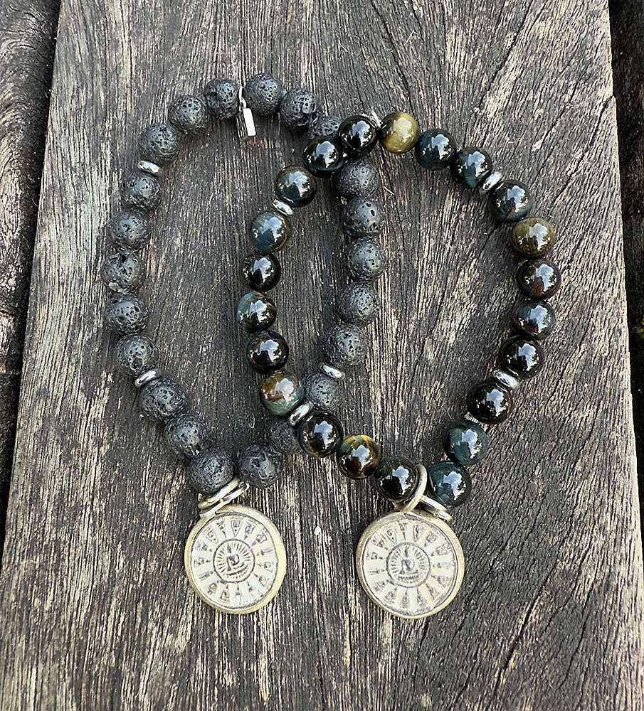 ICON Design Living Buddha-Armbänder Shanti Amulett Lava Tigerauge 8 mm Dehnbar Unisex