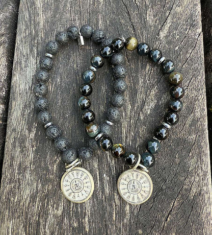ICON Design Living Buddha-Armbänder Shanti Amulett Lava Tigerauge 8 mm Dehnbar Unisex