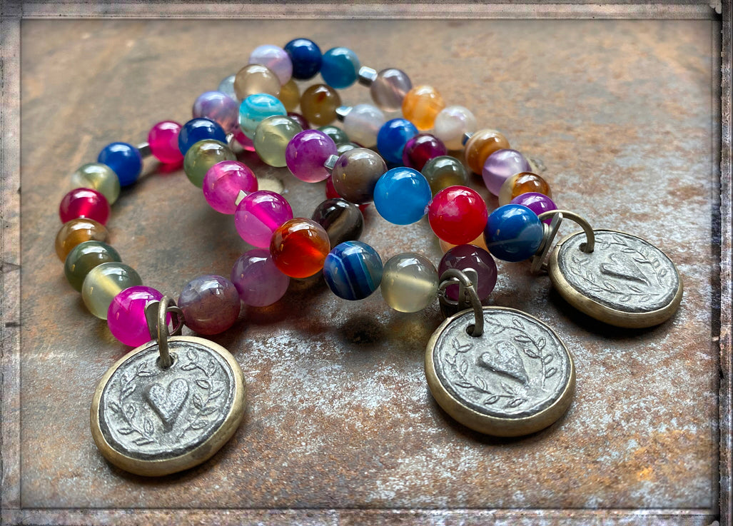 ICON Design Living Armbänder Herz-Amulett Achat Multicolor Bunt Dehnbar
