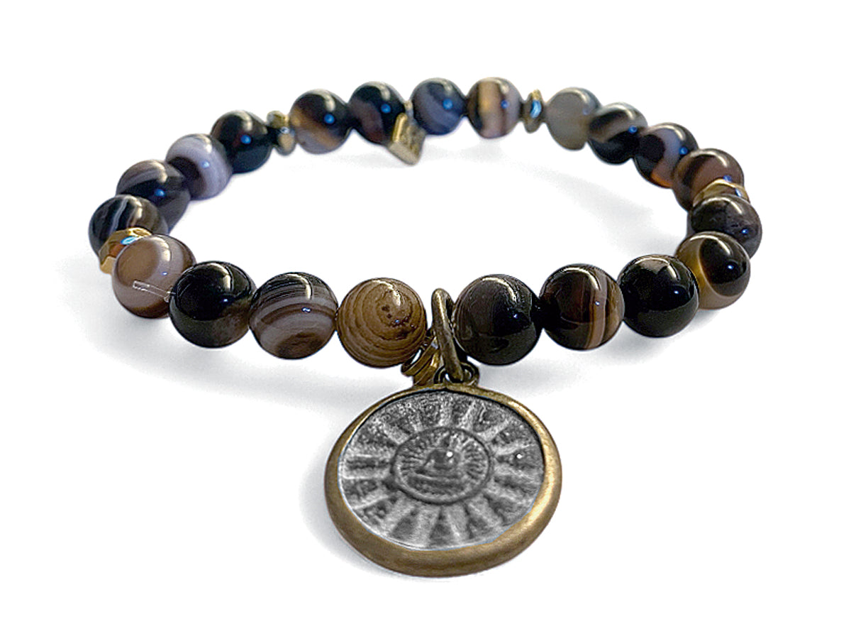 ICON Design Living Buddha-Armband Achat Braun Mix Dehnbar 