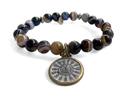 ICON Design Living Buddha-Armband Achat Braun Mix Dehnbar 