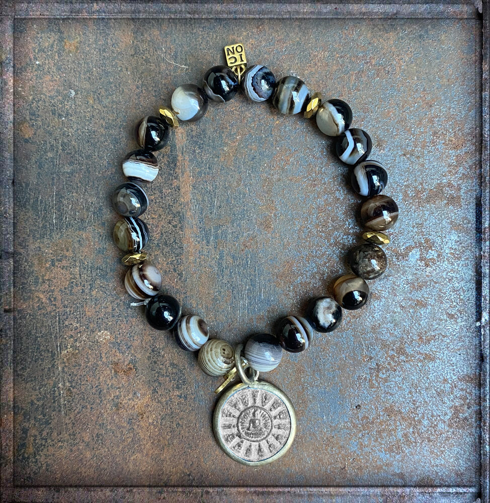 ICON Design Living Buddha-Armband Achat Braun Dehnbar 