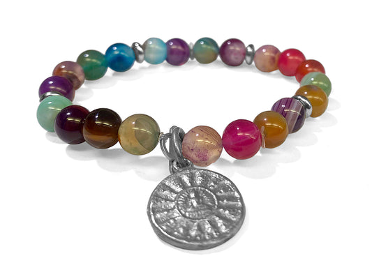 ICON Design Living Armband Buddha Amulett Silberfarben Achat Multicolor Dehnbar
