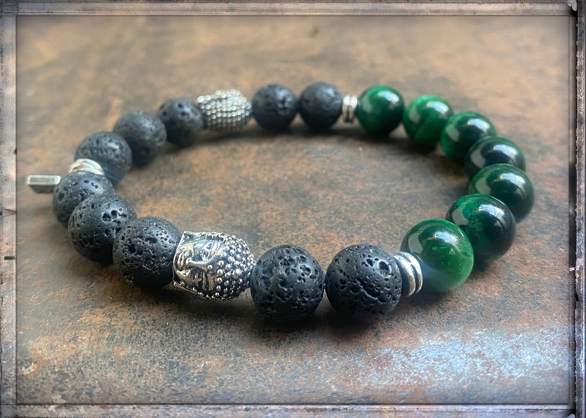 ICON Design Living Armband Buddha Silber Tigerauge Grün Lavasteine Schwarz Dehnbar Unisex