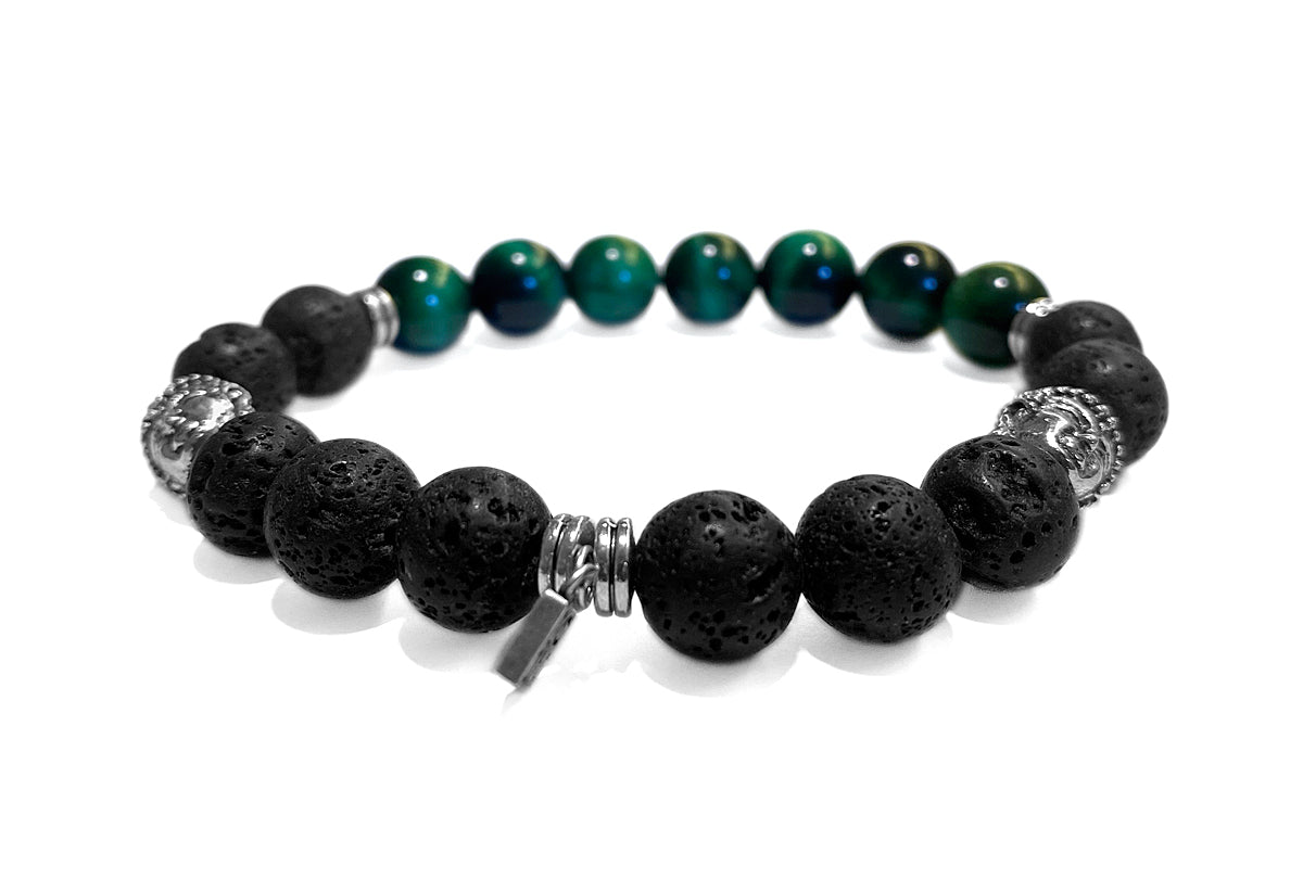 ICON Design Living Armband Buddha Silber Tigerauge Grün Lava Schwarz Dehnbar Unisex