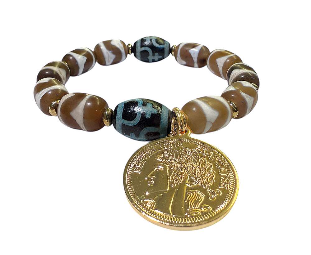 ICON Design Living Armband Butan Tibet Steinperlen Münze Vergoldet Multicolor