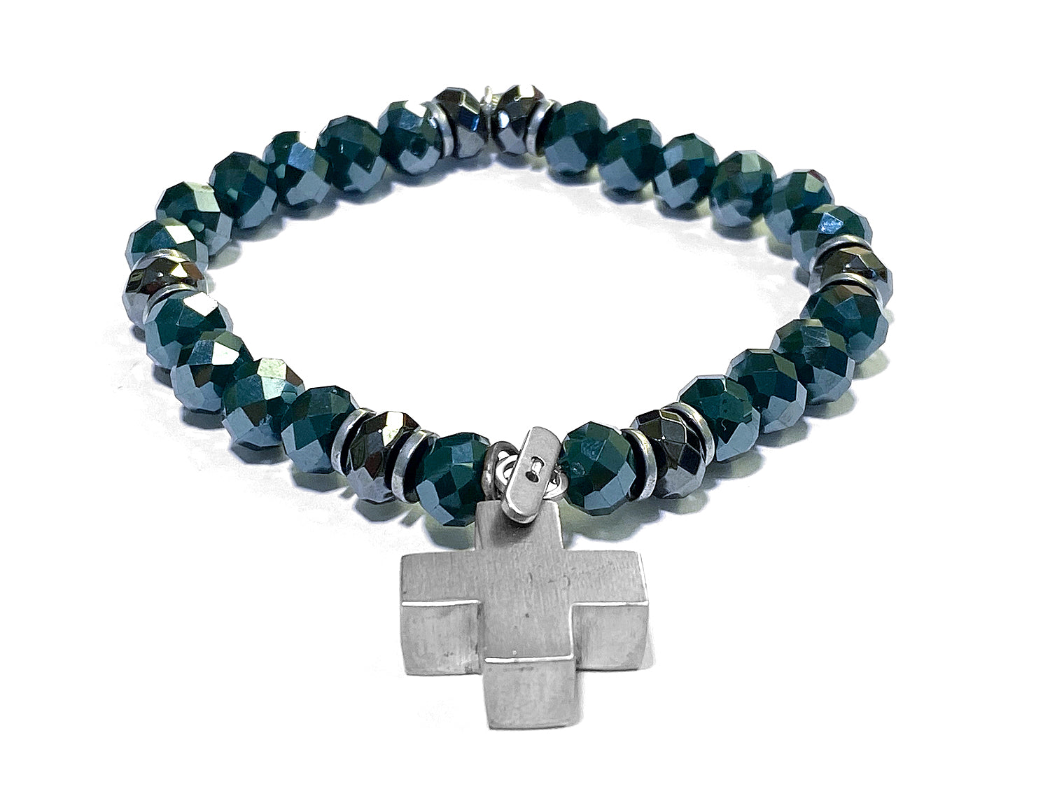 ICON Design Living Armband Kreuzanhänger Silber Kristallperlen Facettiert Dehnbar
