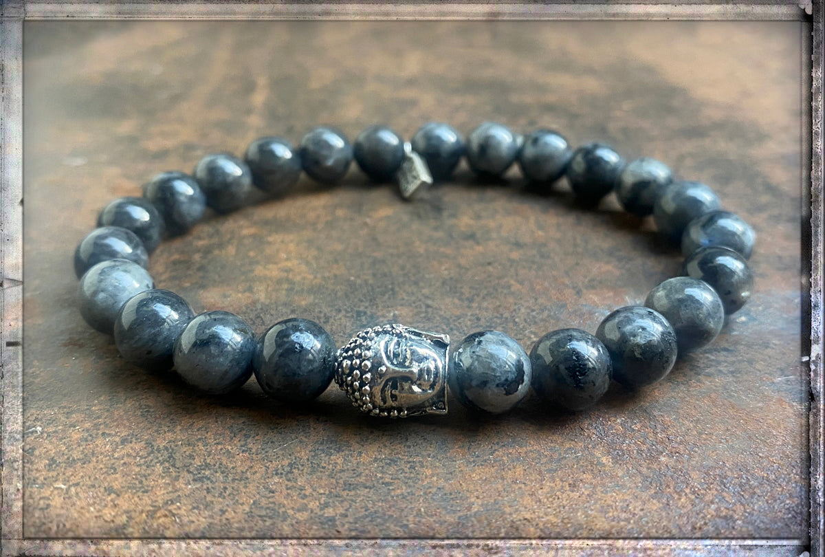 ICON Design Living Armband Labradorit Grau 8 mm Buddha Kata 8 mm Dehnbar Unisex