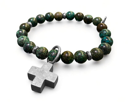 ICON Armband Shanti Cross Kreuz-Anhänger Afrikanischer Türkis Versilbert Dehnbar