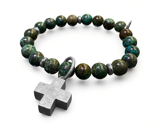ICON Armband Shanti Cross Kreuz-Anhänger Afrikanischer Türkis Versilbert Dehnbar
