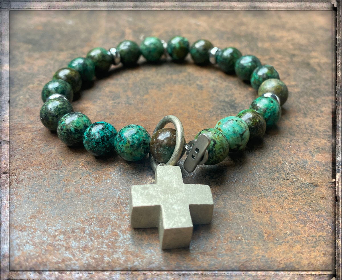 ICON Armband Shanti Cross Kreuz-Anhänger Silber Afrikanischer Türkis Dehnbar