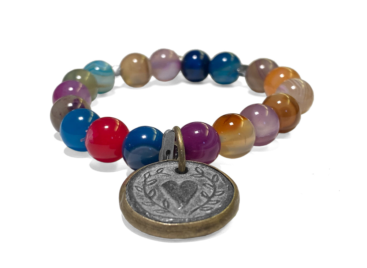 ICON Design Living Armband Herz-Amulett Silber Achat Mix Dehnbar