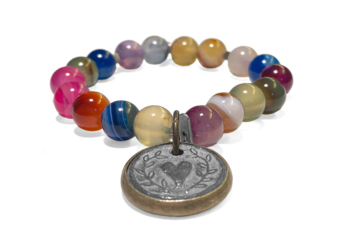 ICON Design Living Armband Herz-Amulett Achat Multicolor Mix Dehnbar
