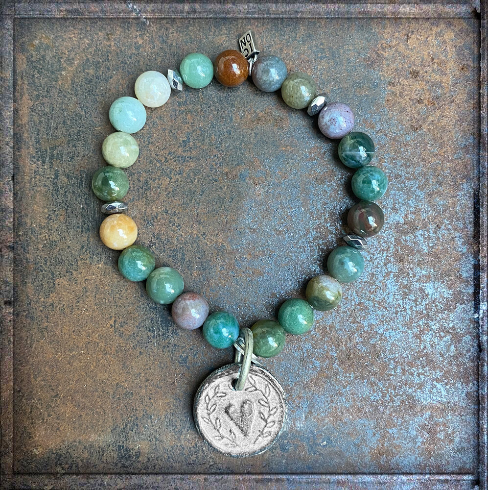 ICON Armband Herz-Amulett Indian Achat Grün Khaki Oliv Naturstein Dehnbar