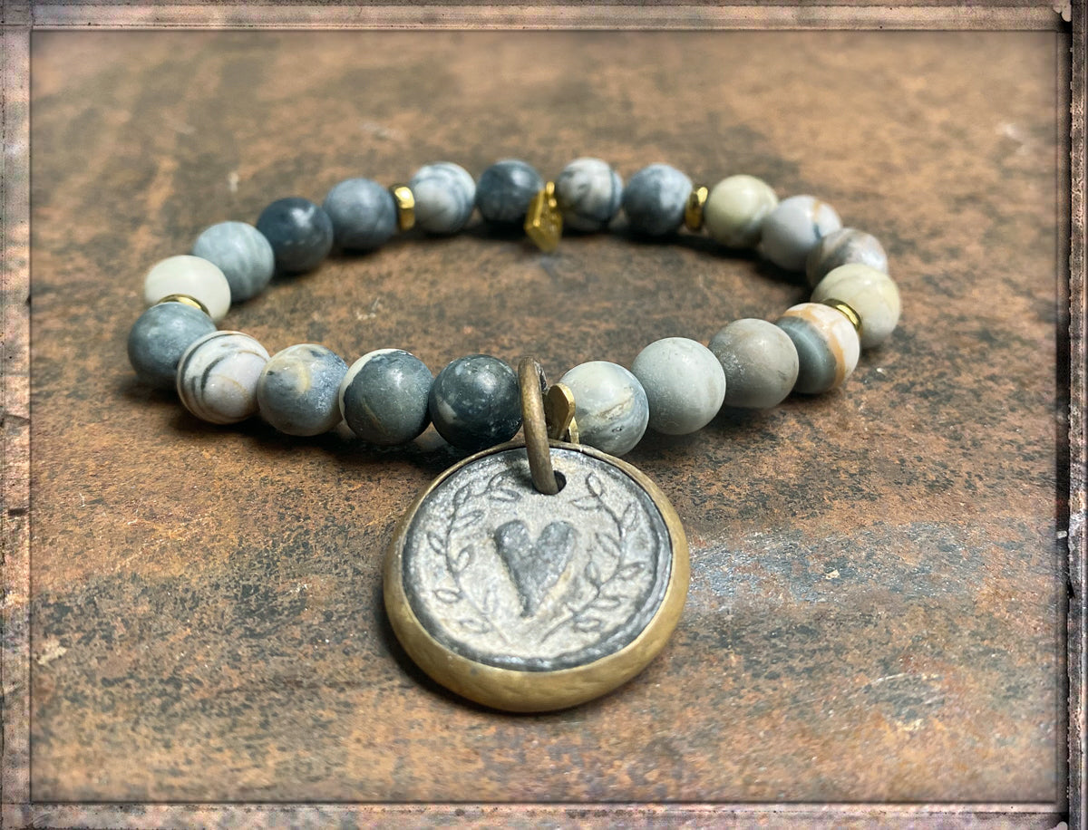 Icon Design Living Armband Herz-Amulett Shanti Picasso Jaspis Grau Dehnbar
