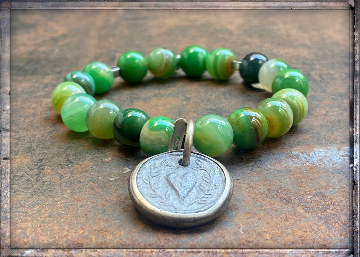 ICON Design Living Armband Herz-Amulett Silber Achat Grün Dehnbar