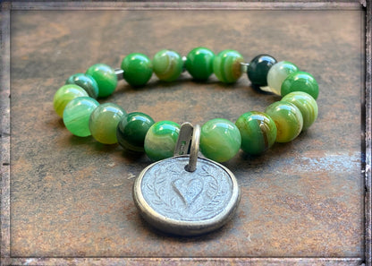 ICON Design Living Armband Herz-Amulett Silber Achat Grün Dehnbar