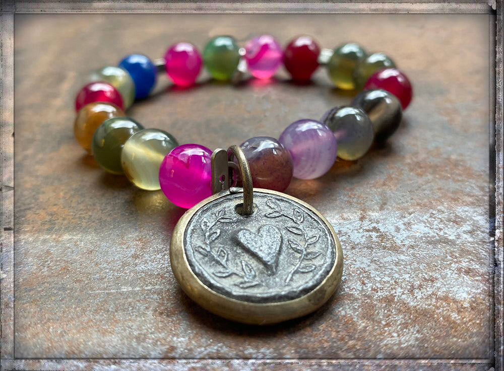 ICON Design Living Armband Herz-Amulett Achat Bunt Dehnbar