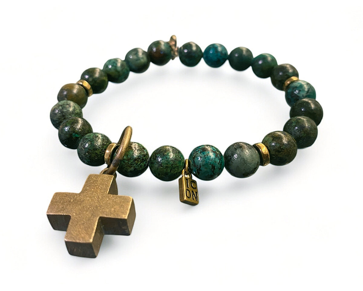 ICON Armband Shanti Cross Kreuz-Anhänger Vergoldet Afrikanischer Türkis Dehnbar