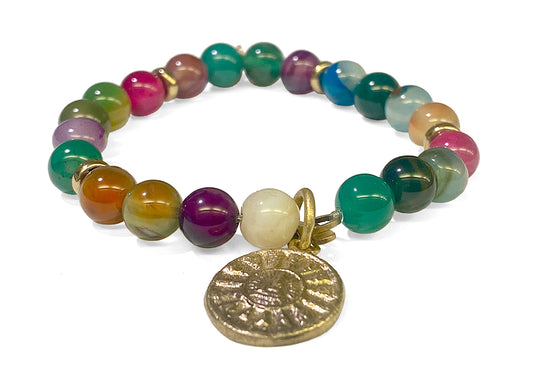 ICON Design Living Buddha-Armband Achat Bunt Multicolor Amulett Vergoldet Dehnbar