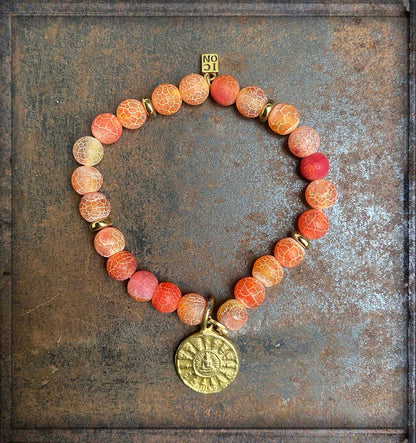 ICON Design Living Buddha-Armband Achat Orange Amulett Gold Plattiert Dehnbar