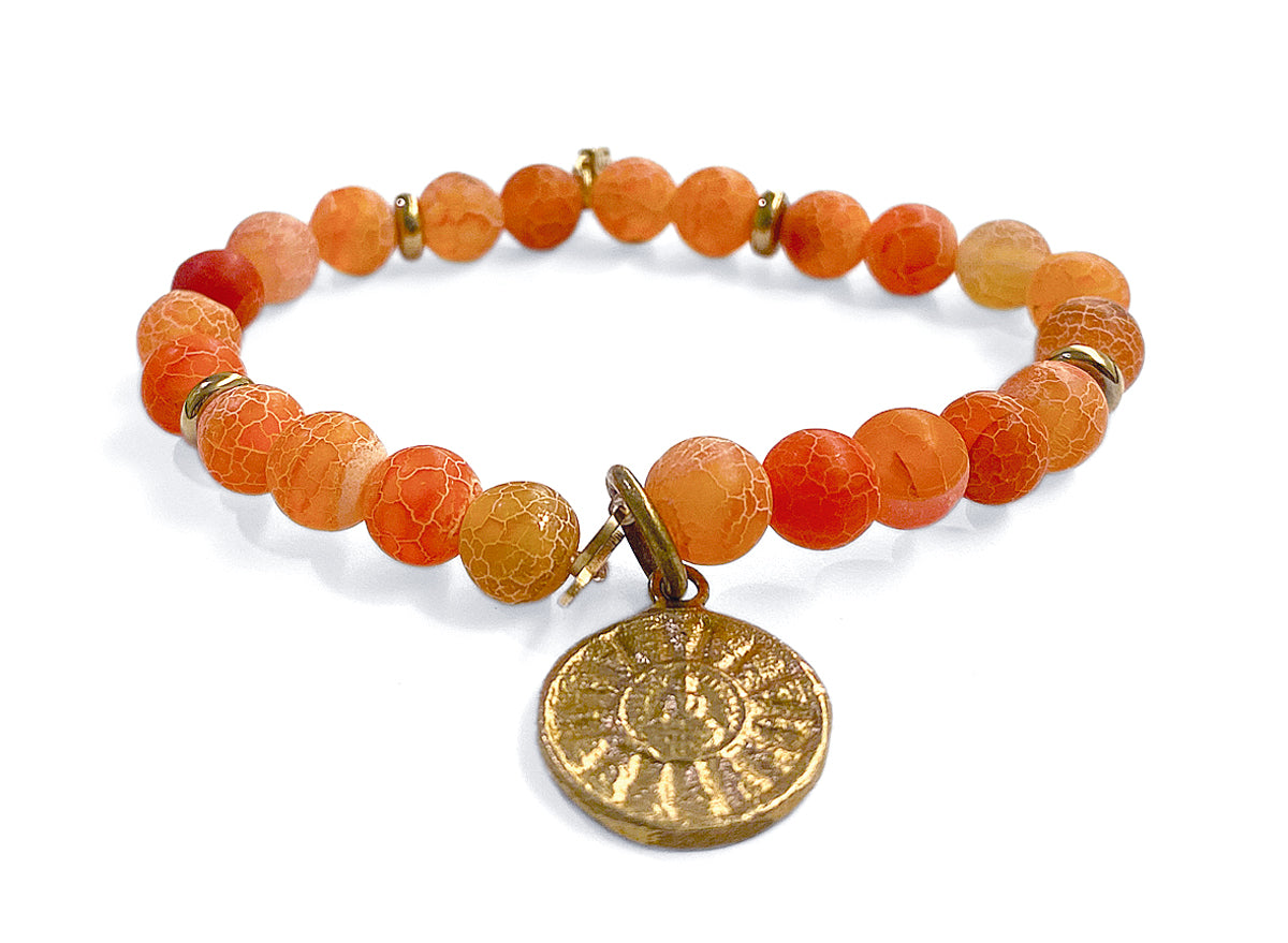 ICON Design Living Buddha-Armband Achat Orange Amulett Vergoldet Dehnbar
