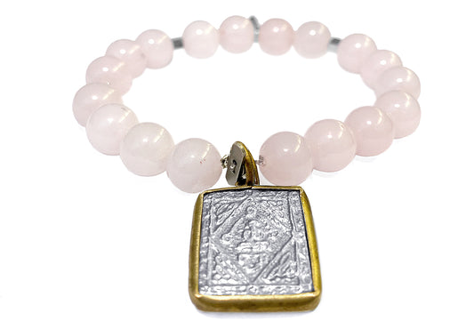 ICON Design Living Buddha-Armband Amulett Eckig Rosenquarz 10 mm Dehnbar