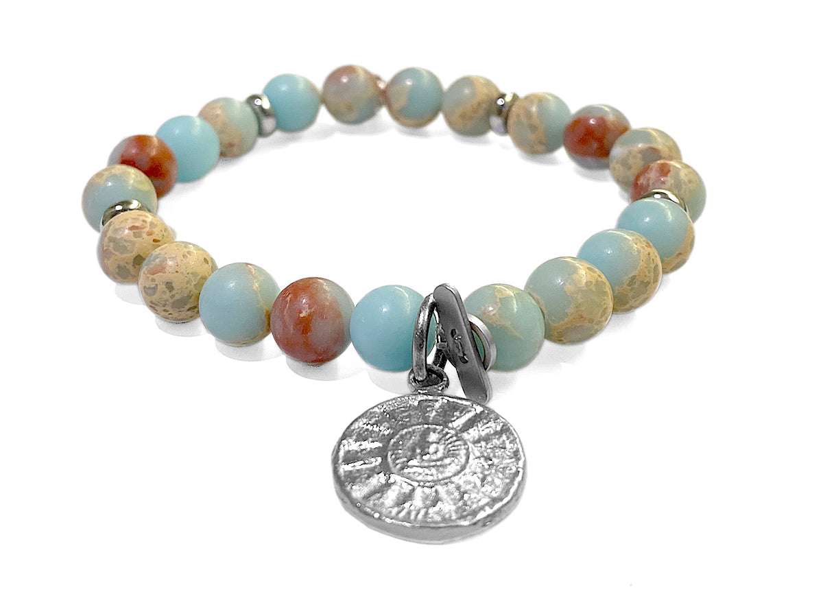ICON Design Living Buddha-Armband Imperial Jaspis hellblau Amulett Silberfarben Dehnbar