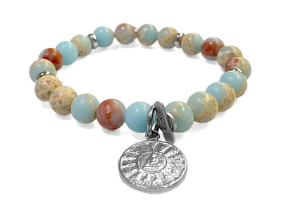 ICON Design Living Buddha-Armband Imperial Jaspis hellblau Amulett Silberfarben Dehnbar