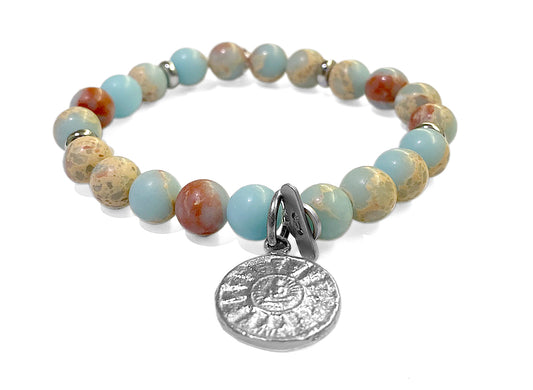 ICON Design Living Buddha-Armband Imperial Jaspis hellblau Amulett Silberfarben Dehnbar