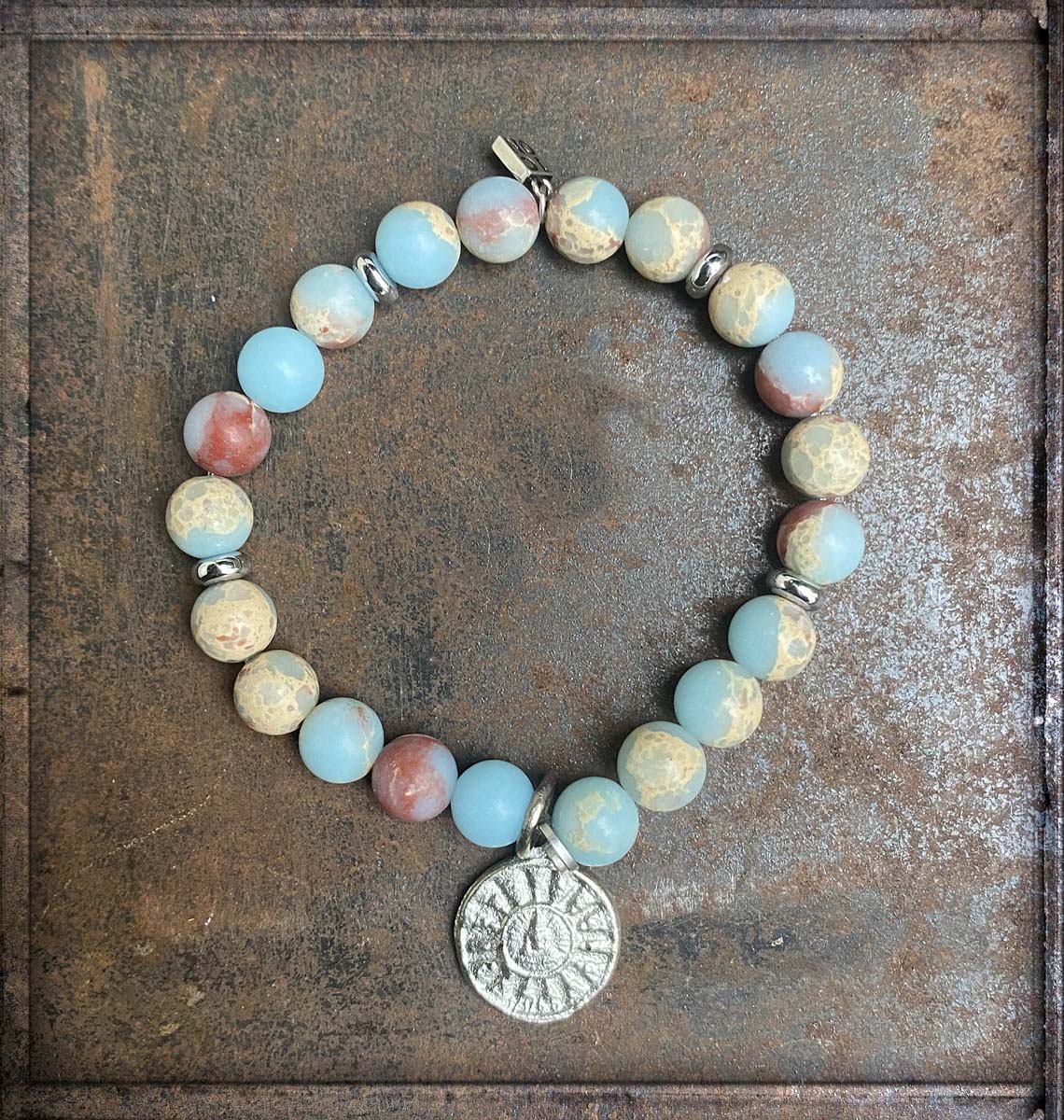ICON Design Living Buddha-Armband Imperial Jaspis Hellblau Mix Amulett Silberfarben Dehnbar