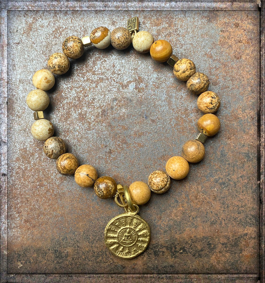 ICON Design Living Buddha-Armband Landschafts-Jaspis Amulett Gold Plattiert Dehnbar