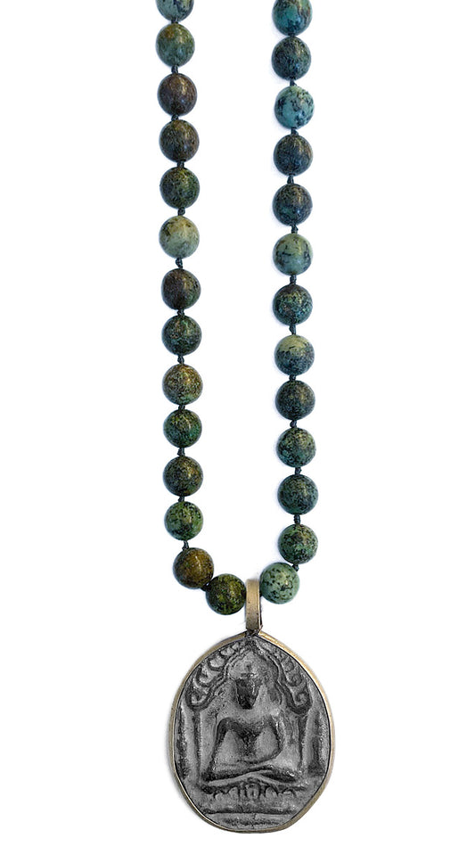 ICON Design Living Buddhakette Amulett Gross Afrikanischer Türkis 10 mm 90 cm Lang