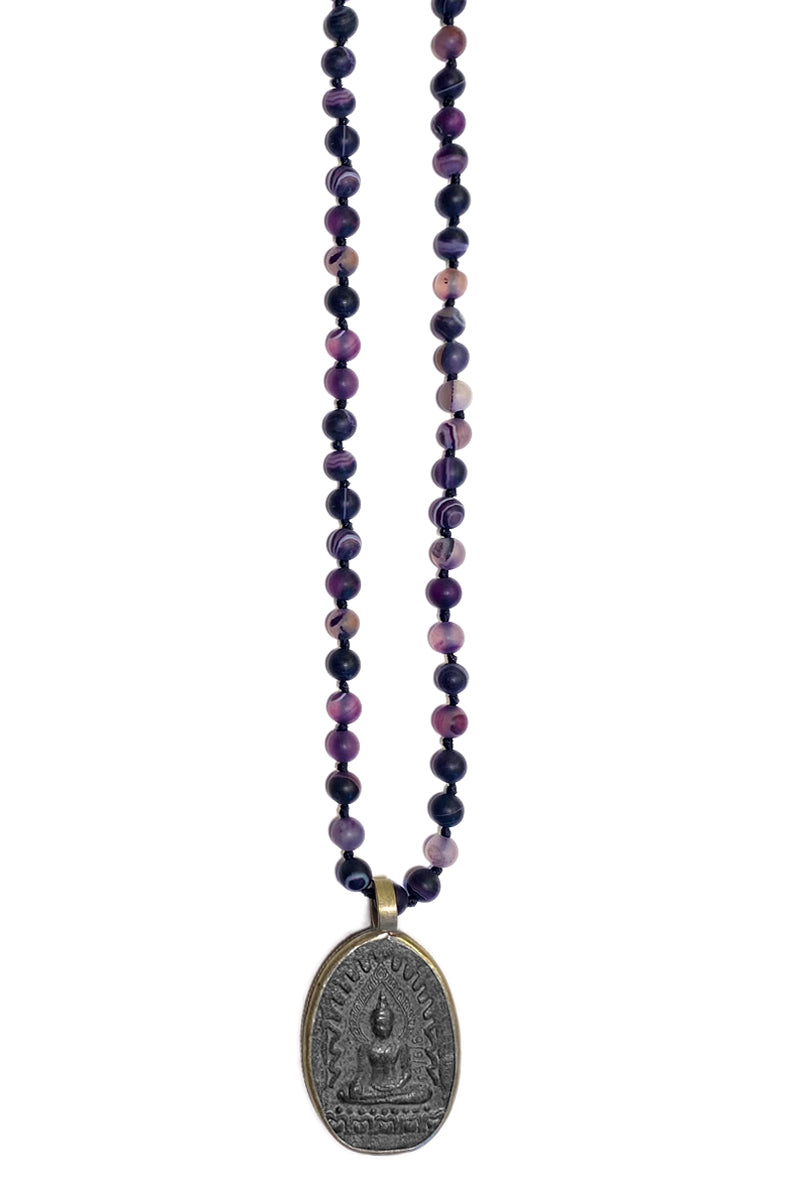 ICON Design Living Buddhakette Amulett Oval Achat Lila Matt 6 mm 70 cm Lang Unisex
