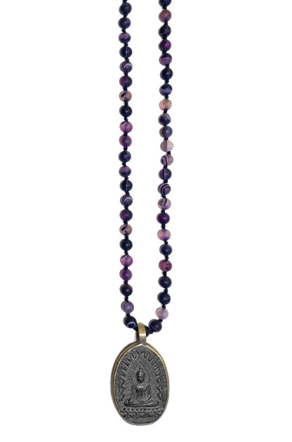 ICON Design Living Buddhakette Amulett Oval Achat Lila Matt 6 mm 70 cm Lang Unisex
