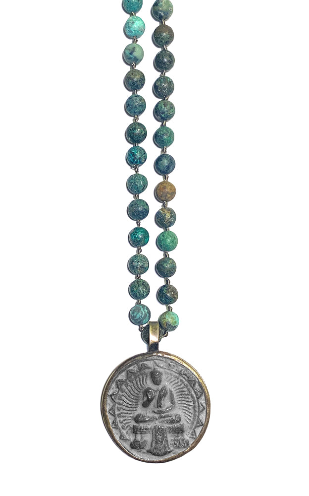 ICON Design Living Buddhakette Amulett Gross Rund Afrikanischer Türkis 8 mm 90 cm Lang