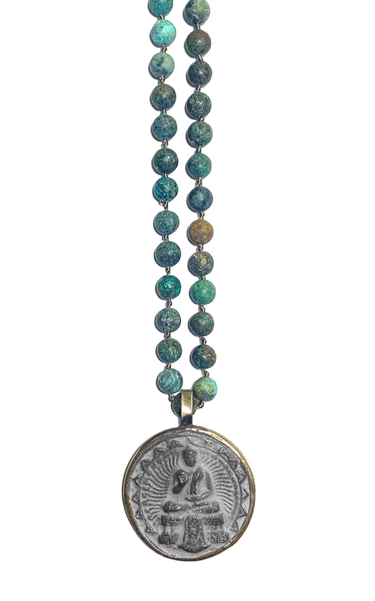 ICON Design Living Buddhakette Amulett Gross Rund Afrikanischer Türkis 8 mm 90 cm Lang