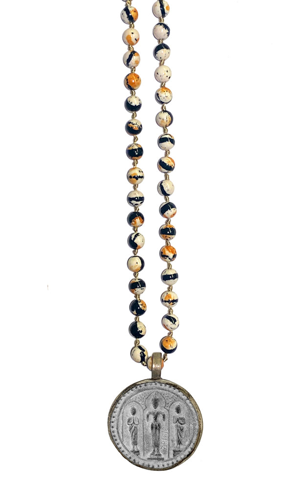 ICON Design Living Buddhakette Amulett Gross Rund Jaspis Weiss Schwarz 8 mm 90 cm Lang