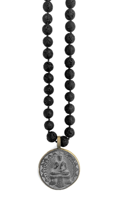 ICON Design Living Buddhakette Amulett Gross Rund Lavastein 10 mm 90 cm Lang