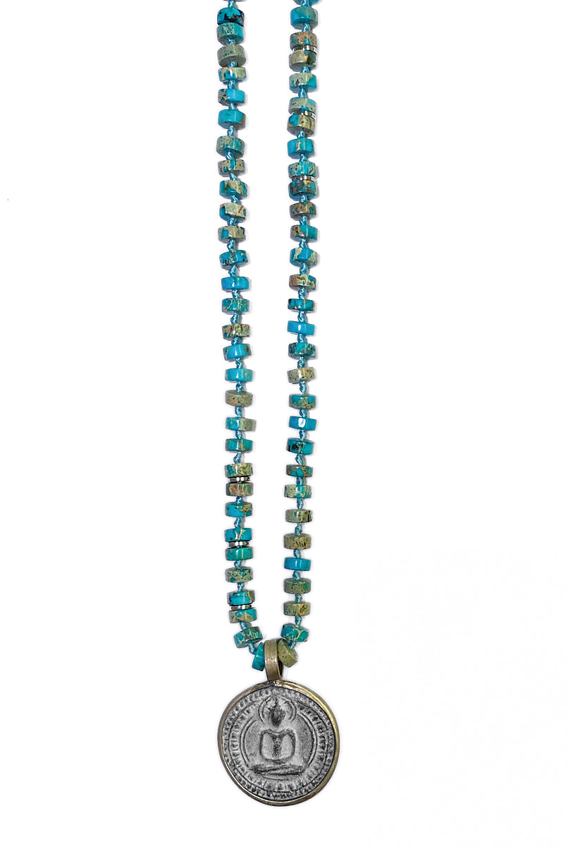 ICON Design Living Buddhakette Amulett Rund Jaspis-Scheiben Türkis 70 cm Lang