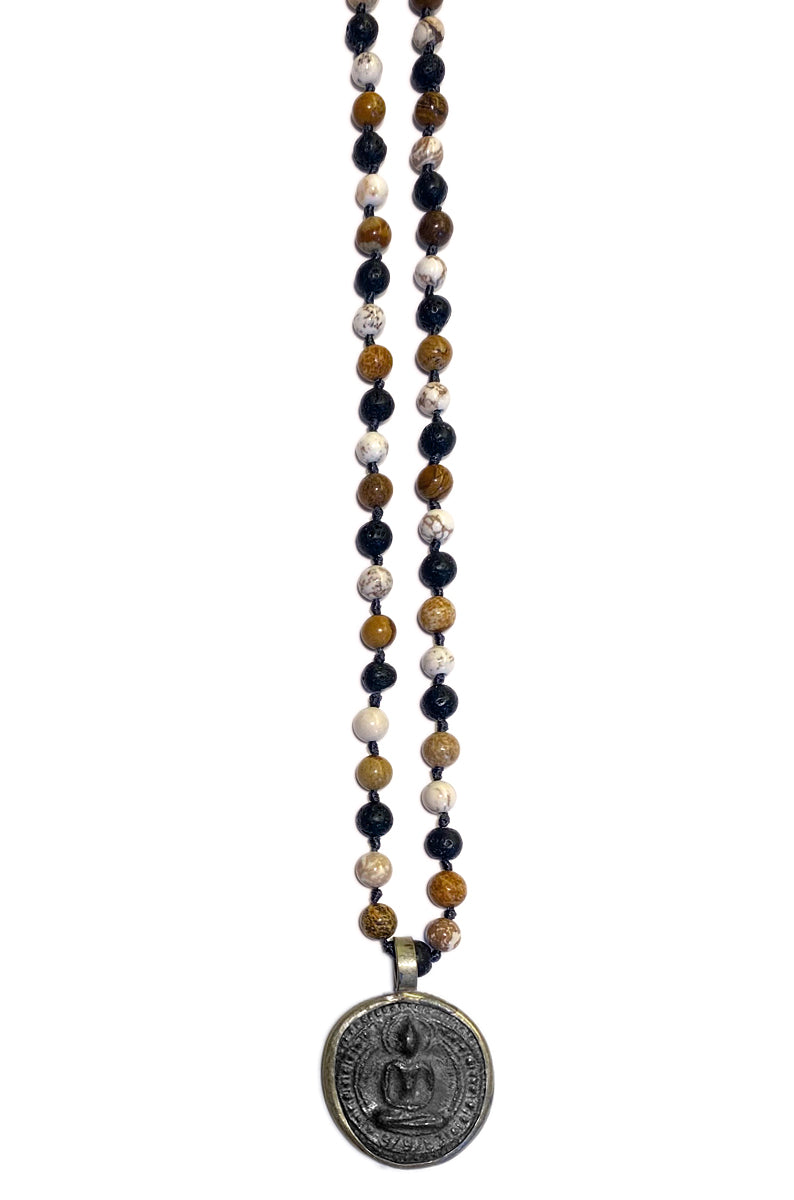 ICON Design Living Buddhakette Amulett Rund Lava Howlith Jaspis Braun 6 mm 70 cm Lang Unisex