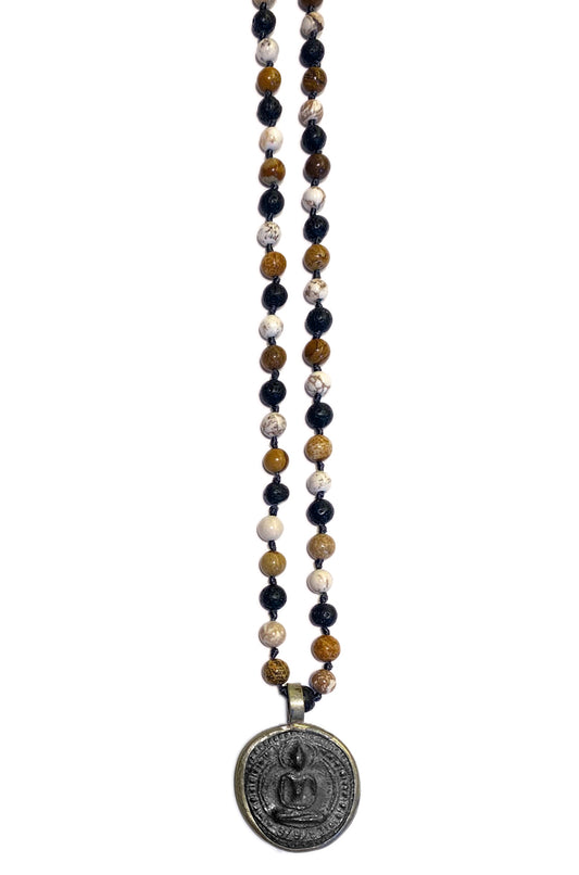 ICON Design Living Buddhakette Amulett Rund Lava Howlith Jaspis Braun 6 mm 70 cm Lang Unisex