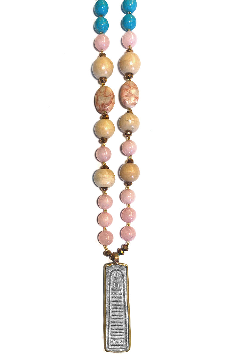 ICON Design Living Buddhakette Enya Holzperlen Rosenquarz Türkis 100 cm Lang
